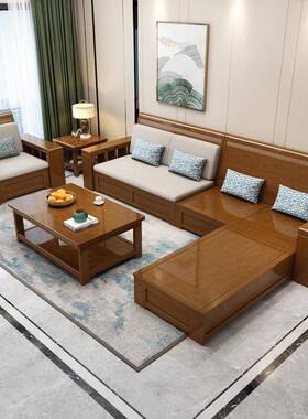 新中式实木布艺发木组合大小户型客厅沙NCY发沙原家床用冬夏两用