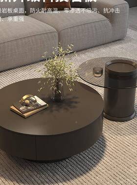 意式轻奢极简岩板茶现代小型户客HOQ小厅家用茶玻茶桌大圆茶几组