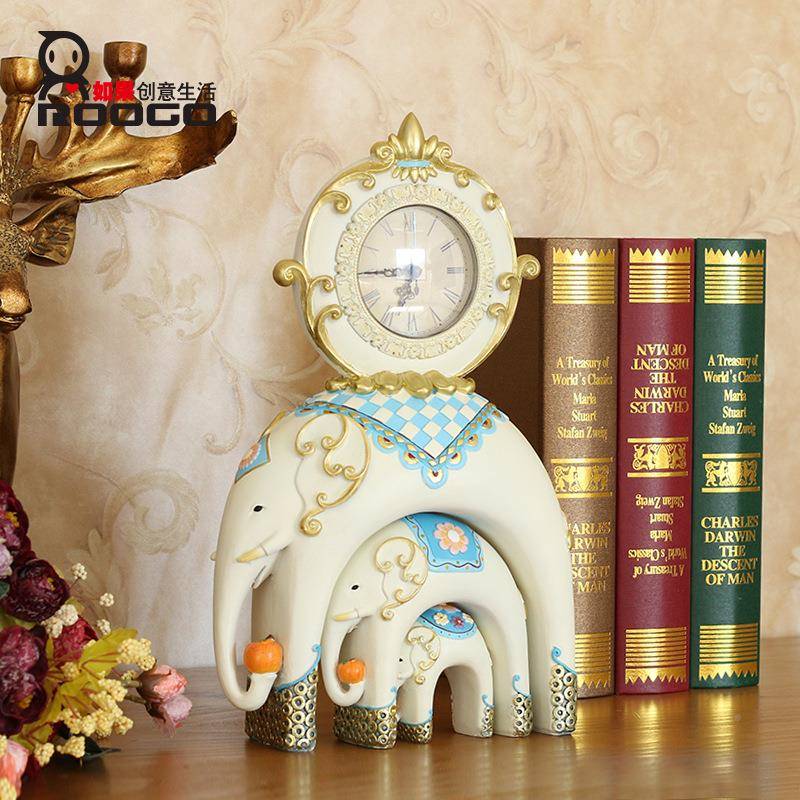 直创意销款小卧REC1A0象装饰座钟摆树设客厅室时钟脂工艺品摆件