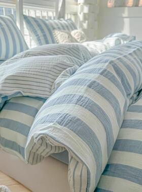 小清新简约条纹男被四件套柔软纯水10034784件洗套棉床单床笠宿舍