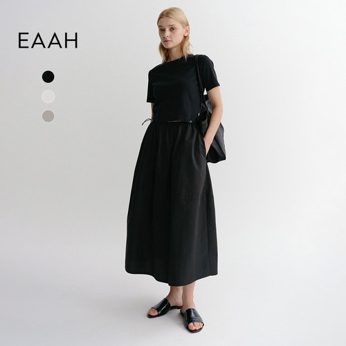 EAAH 韩国品牌 女装2026夏拼接茧型气质连衣裙短袖收腰显瘦长裙