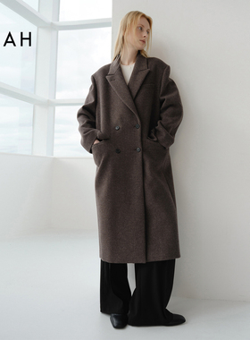 EAAH 韩国品牌 2025秋冬女装毛呢外套双排扣翻领气质长款羊毛大衣