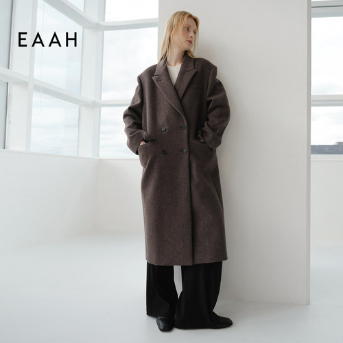 EAAH 韩国品牌 2025秋冬女装毛呢外套双排扣翻领气质长款羊毛大衣