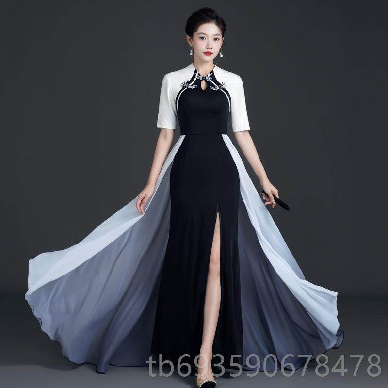 正品式黑色鱼尾开衩裙奏旗袍中模优特团队t台雅表演服装独民族服