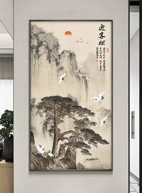迎客松入户al202304玄关装墙饰画新过中式走廊道景挂背画禅意竖版
