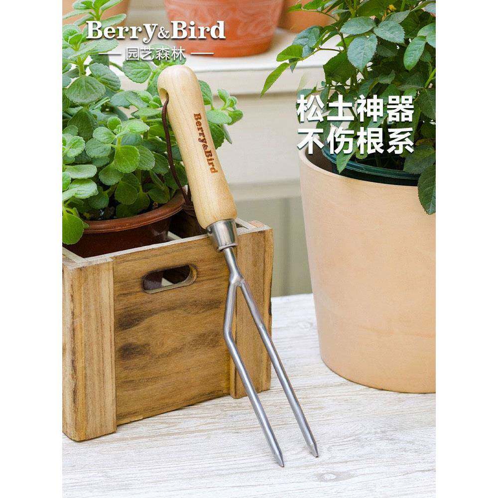 BerryBird双齿二叉花园盆栽松土换盆除草专用实木手柄不锈钢材质