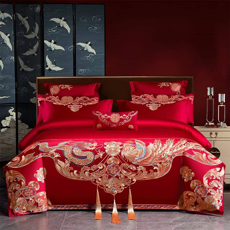 0ARF24新款庆四件套重婚工件艺刺绣棉被套婚房正红龙凤2九套床上