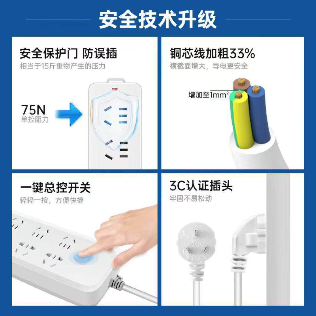 GN-103带线总控八位插/1米电源多孔家0用插座4拖线5板有线