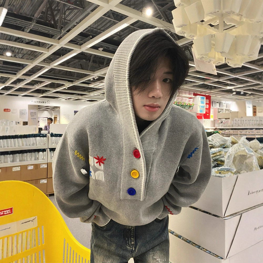 云屿川灰色刺绣连帽毛衣男款潮牌慵懒高级感卫衣针织衫情侣外套