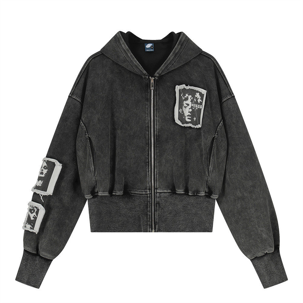 水洗做旧朋克复古连帽开衫卫衣男女款潮牌街头人物贴布绣拉链外套