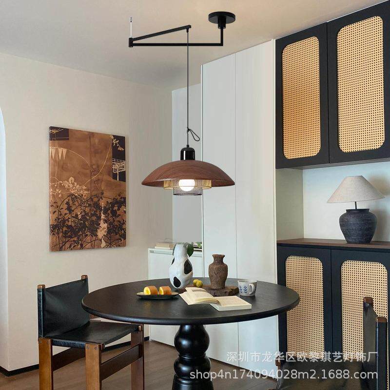 中古餐厅吊灯餐桌可移位摇臂复古胡桃木纹飞碟咖啡厅吧台饭厅吊灯