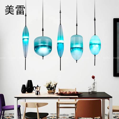 新款蓝色吧台吊灯单头创意个性餐厅三头灯现代简约玻璃餐桌小吊灯