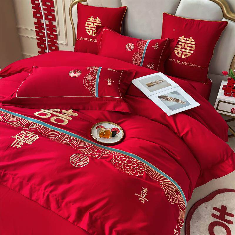 韩公主94710049结婚红大色被床单套四件套含抱枕六件套女方式陪嫁