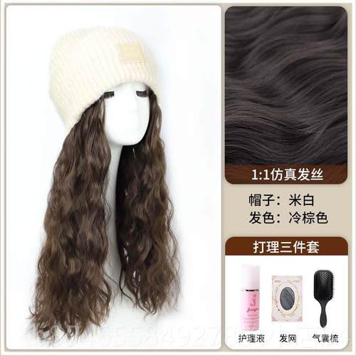 正品帽子假发一女体彷真发然时尚秋冬针织帽长自卷发百搭发女全假