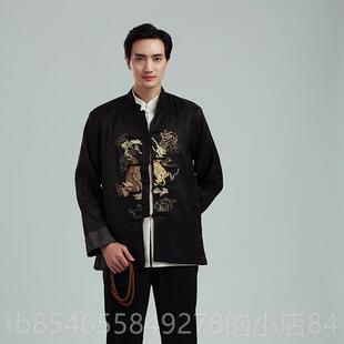 正品春秋男士长袖装上衣绣双龙带表演服装衣中唐式上婚礼主礼花服