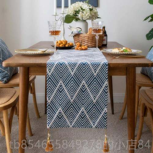 正品轻奢风长桌旗日棉条麻茶几餐桌式装饰美式乡村蓝色茶席桌布电