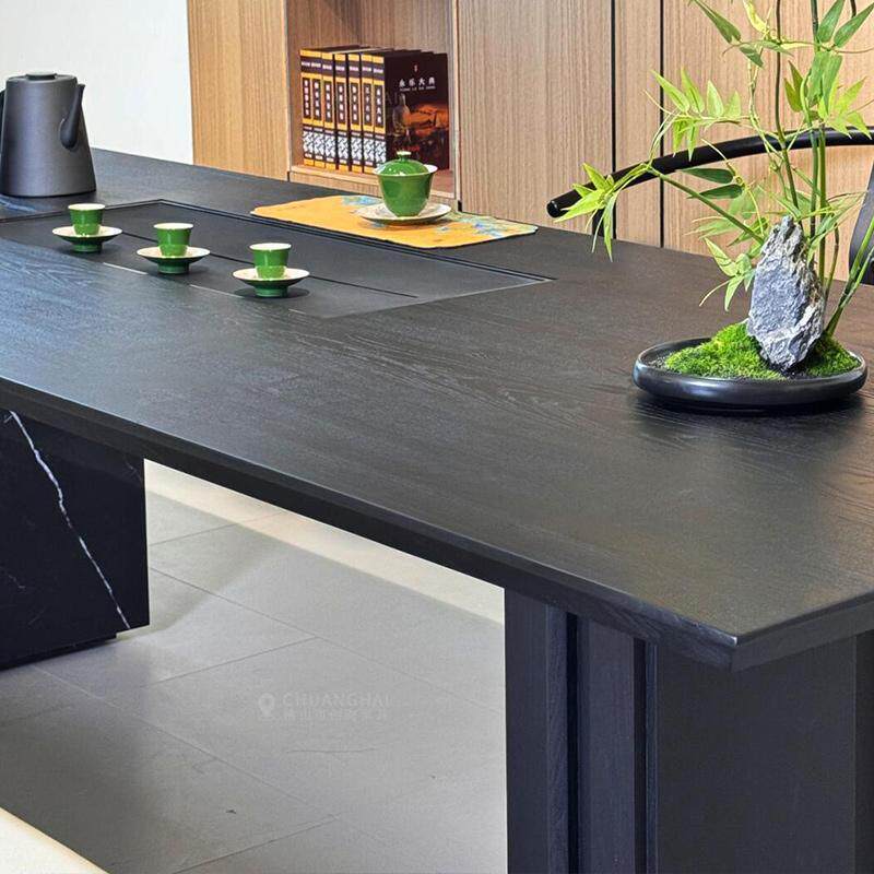 新中式岩板茶桌2025新款北美木黑985桃办公胡室会茶客实木泡台