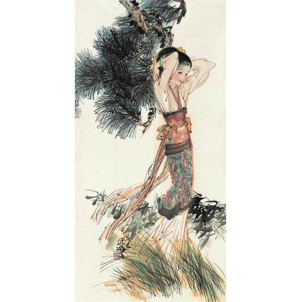 《松树仕女》林墉名人名画字画书法国画30*59cm包邮