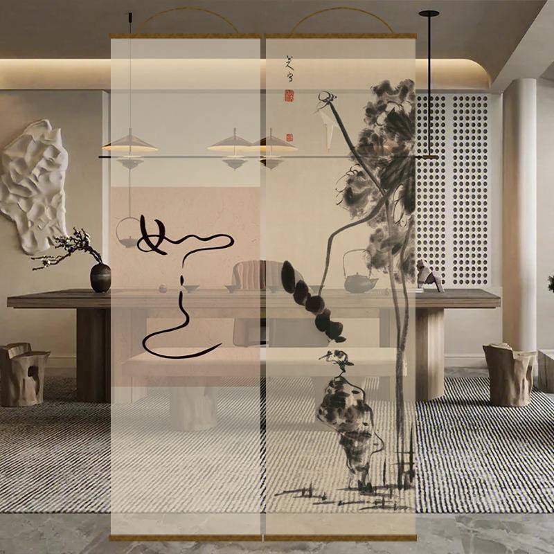 高档半透水墨竹透景屏风纱中式卷帘隔断帘挂帘水墨窗帘纱帘透光