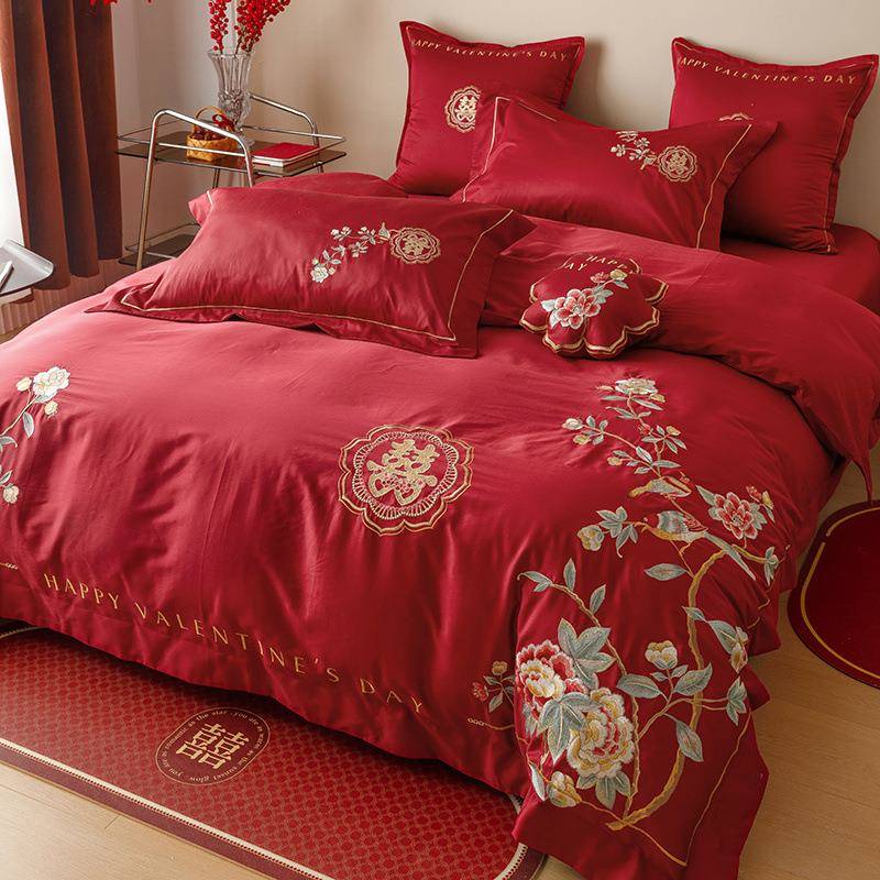 新中式轻奢刺绣花结婚红色喜庆棉四件套陪嫁床上喜被套床单婚房布