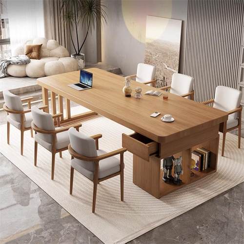 客厅实木大长书桌书柜一体带抽屉写字长条桌家用办公学习桌工作台