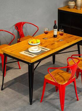式53453艺实木餐桌工业风餐厅酒吧清铁吧烧烤餐桌合椅组美实木餐