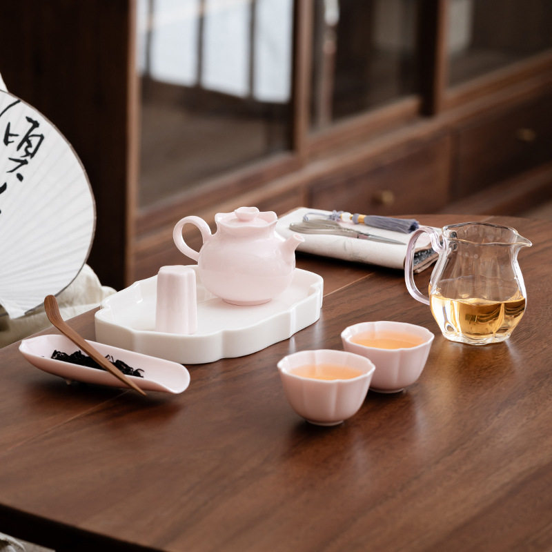 色釉旅行茶具套装泡茶壶户外便携式陶瓷女士小清新粉色玻璃茶海