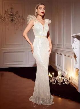 欧宴美中东夏尾季33699新款亮片款名媛宴会气质鱼V领长款晚裙