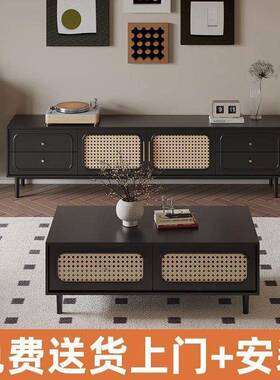 美几式复古电视柜茶组合客厅家用电简约现新款黑色中代PTH古视柜