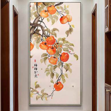 手绘油画客厅事如意美挂886画事玄关装饰画柿走廊过道壁子画竖玄