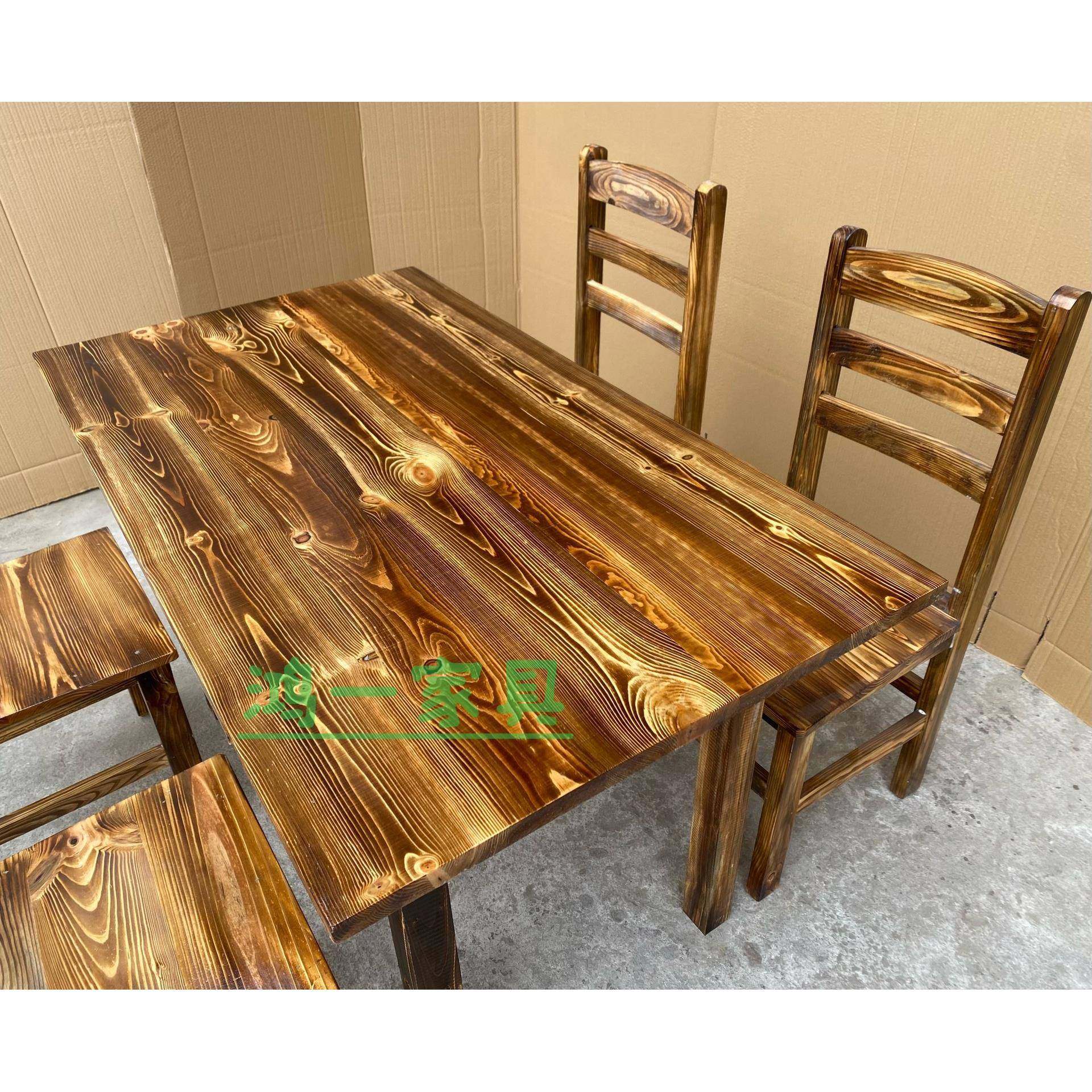 碳化实实木桌椅户外烧烤桌小店吃木条凳大排长档76061木桶饭面馆