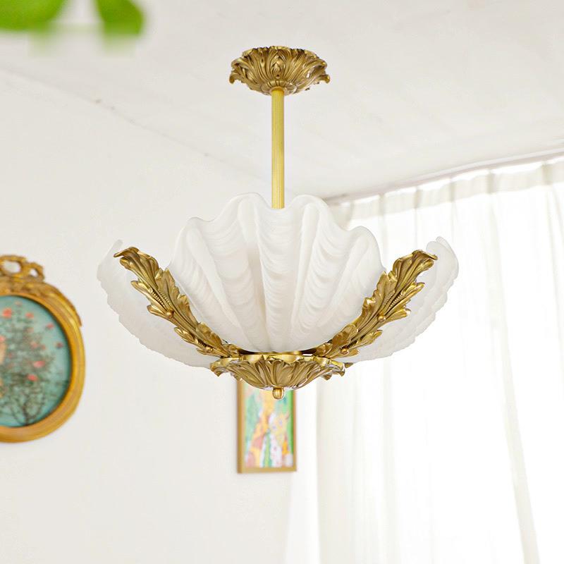 532中古全铜色贝壳玻吊灯粉室法式复古轻奢美式卧衣帽间璃书房灯