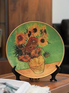 梵摆高油陶画装饰盘子柜瓷摆件JPD挂盘客厅电视向日葵欧式复古创