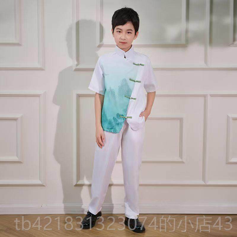 高档女运儿童古典中国风式男舞蹈古筝动会开 幕合唱渐层演出服装