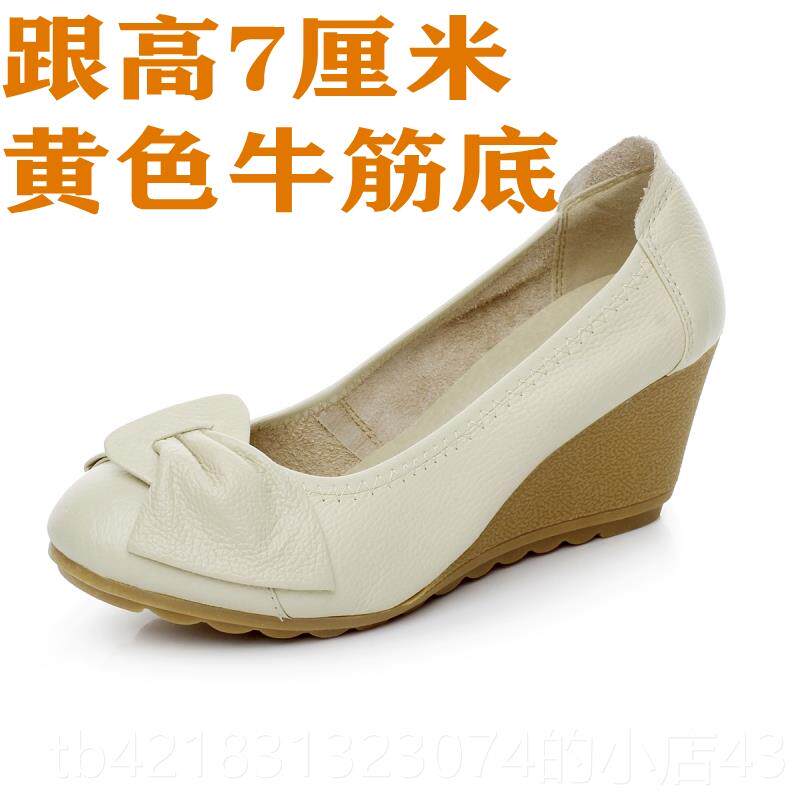 高档春秋季真皮牛筋底坡跟鞋高妈跟鞋花单朵浅口甜美女女鞋上班鞋