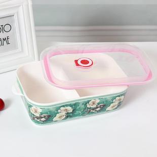 耐热盖陶瓷长方69鲜形分隔饭盒保饭碗学生带保鲜菜密封骨瓷便当盒