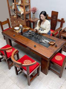 五茶台实IJW木老船木茶桌茶椅组合一桌椅茶几泡桌子水壶一体办烧