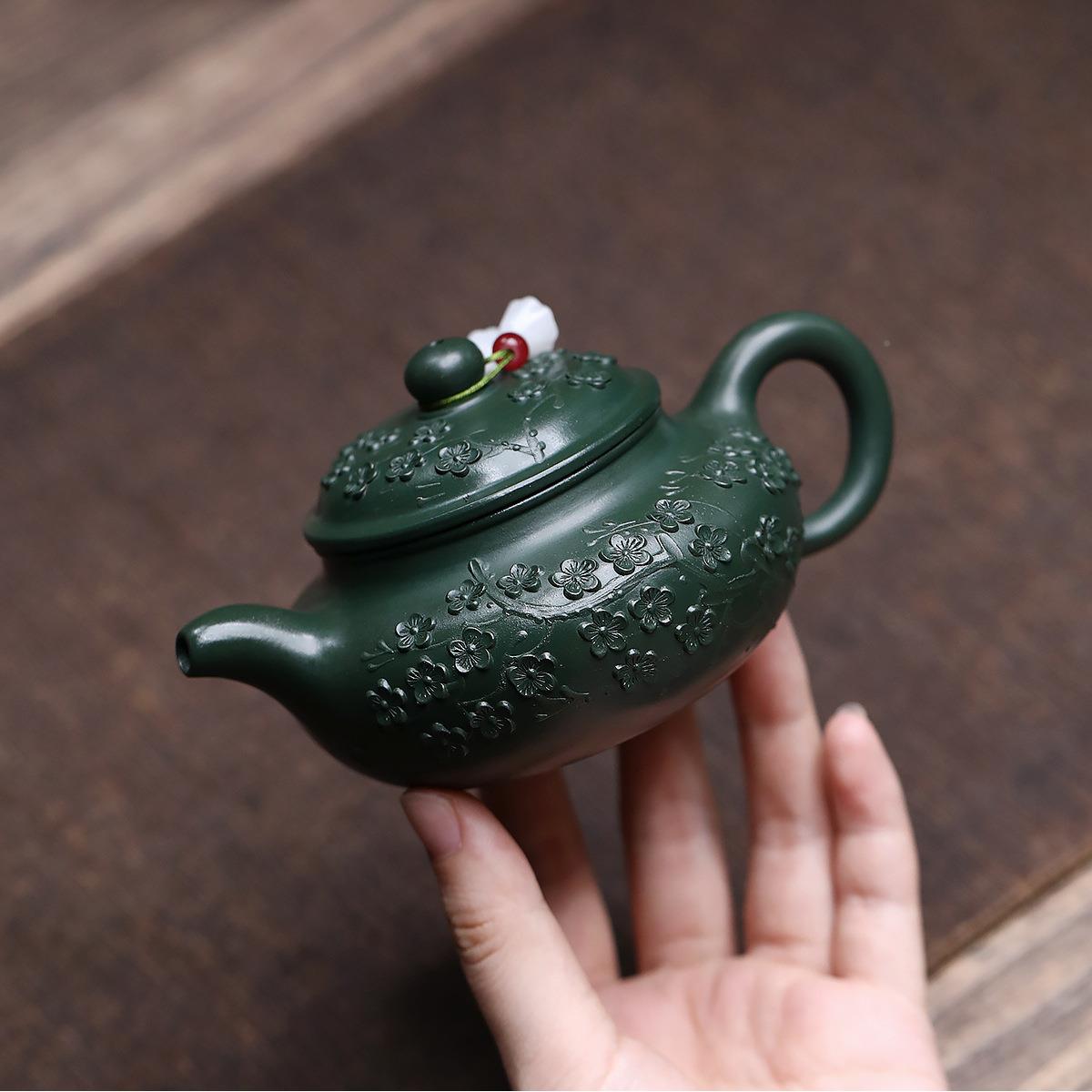 分销宜兴茶紫壶手工ZHIFU-84砂制作原矿质绿泥堆绘梅花优仿古泡壶