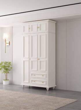 美式乡带村白色大衣柜OSG简约实门木柜衣橱带顶家用卧室抽屉开小
