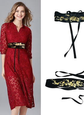 腰封中国风刺绣绣花绿色驼色布料女士系带装饰配汉服连衣裙宽腰带