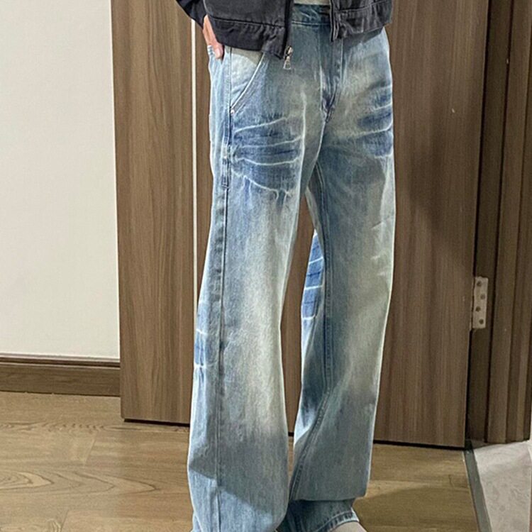 水洗蓝直筒牛仔裤男春秋款美式高街vibe裤子cleanfit弯刀微喇长裤