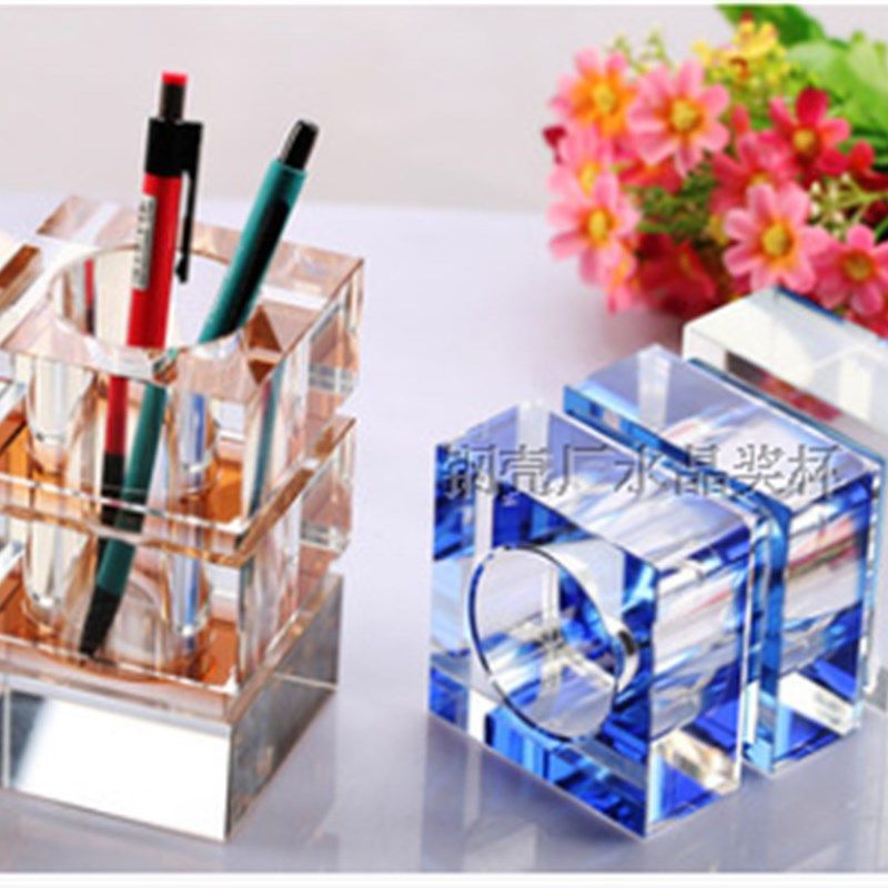 水晶花瓶定制水晶笔筒定制办公室摆件高档水晶球水晶工艺笔筒名片
