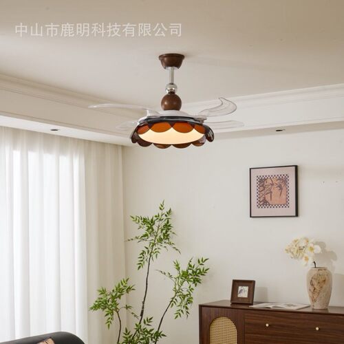 法式中古风隐形风扇灯简约温馨卧室吊扇灯餐厅灯静音电扇一体吊灯