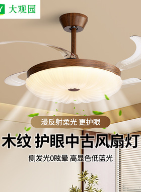 全光谱中古风扇灯客厅餐厅卧室复古胡桃木色隐形电护眼吊扇灯L263