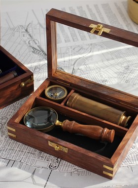 印度进口黄铜复古放大镜望远镜指南针套装木盒手工制怀旧拍摄道具