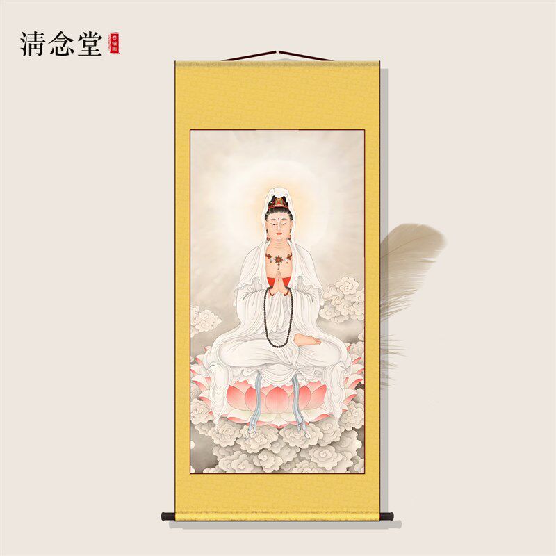 合掌观音结缘画像佛家观世音菩萨神像挂画客厅家用供奉丝绸装饰画