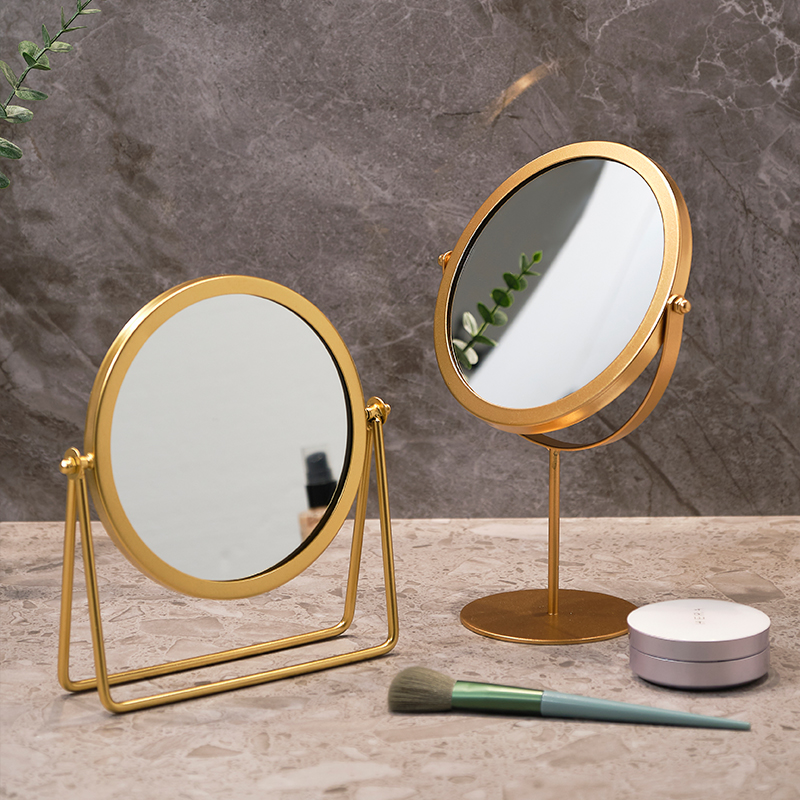 高清化妆镜女生宿舍桌面铁艺梳妆台圆形卧室办公室台式便携小镜子
