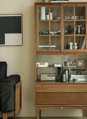 黑厅胡桃木实木物书柜客储柜玻璃门展柜参边柜复古沙发示BG-20241