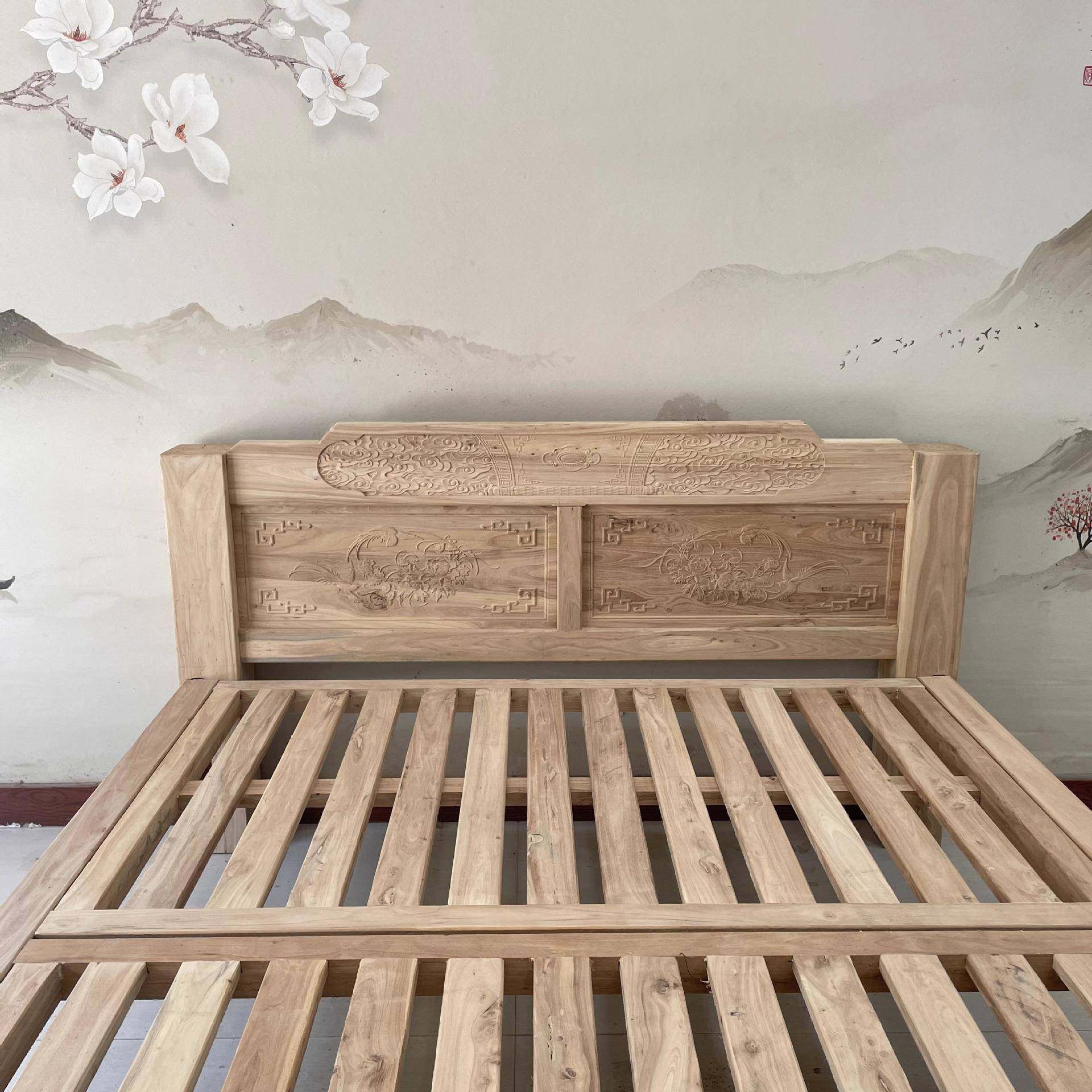 榆北方2-54252老木全实木床1.81.5米单人双雕花床卧室家具中式简