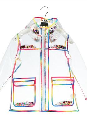 亮儿童雨衣透RXU明片珠片七彩男女学生连体披小宝雨宝彩虹雨衣
